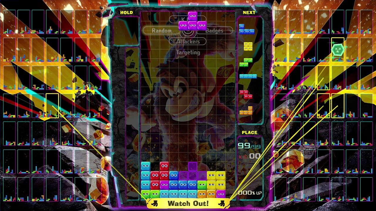 Tetris 99 screenshot: vector / flat, fixed camera, soft gradient (ui / menu)
