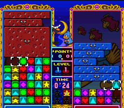 Tetris Attack screenshot: pixel art, fixed camera, black outlines, two-tone cel (ui / menu)