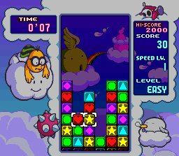Tetris Attack screenshot: pixel art, fixed camera, black outlines, two-tone cel (ui / menu, character)