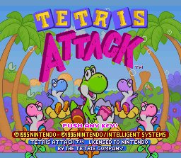 Tetris Attack screenshot: pixel art, fixed camera, black outlines, two-tone cel (ui / menu)