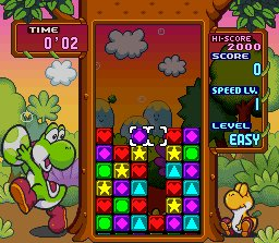 Tetris Attack screenshot: pixel art, fixed camera, black outlines, two-tone cel (ui / menu, character)