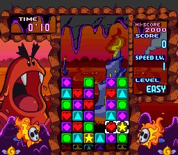 Tetris Attack screenshot: pixel art, fixed camera, black outlines, two-tone cel (ui / menu, character)
