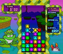 Tetris Attack screenshot: pixel art, fixed camera, black outlines, two-tone cel (ui / menu, character)