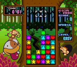 Tetris Attack screenshot: pixel art, fixed camera, black outlines, two-tone cel (ui / menu, character)
