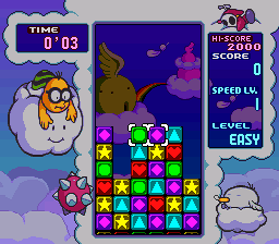 Tetris Attack screenshot: pixel art, fixed camera, black outlines, two-tone cel (ui / menu, character)