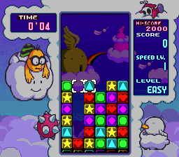 Tetris Attack screenshot: pixel art, fixed camera, black outlines, two-tone cel (ui / menu)