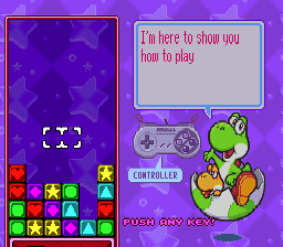 Tetris Attack screenshot: pixel art, fixed camera, black outlines, two-tone cel (ui / menu)
