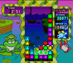 Tetris Attack screenshot: pixel art, fixed camera, black outlines, two-tone cel (ui / menu)