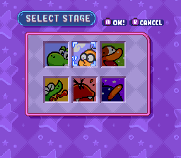 Tetris Attack screenshot: pixel art, fixed camera, black outlines, two-tone cel (ui / menu)