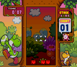 Tetris Attack screenshot: pixel art, fixed camera, black outlines, two-tone cel (ui / menu)