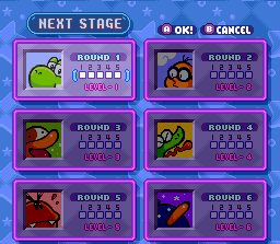 Tetris Attack screenshot: pixel art, fixed camera, black outlines, two-tone cel (ui / menu)