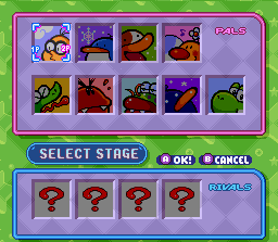 Tetris Attack screenshot: pixel art, fixed camera, black outlines, two-tone cel (ui / menu)