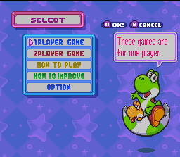 Tetris Attack screenshot: pixel art, fixed camera, black outlines, two-tone cel (ui / menu)
