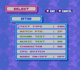 Tetris Attack screenshot: pixel art, fixed camera, black outlines, two-tone cel (ui / menu)