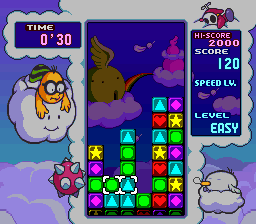 Tetris Attack screenshot: pixel art, fixed camera, black outlines, two-tone cel (ui / menu, character)
