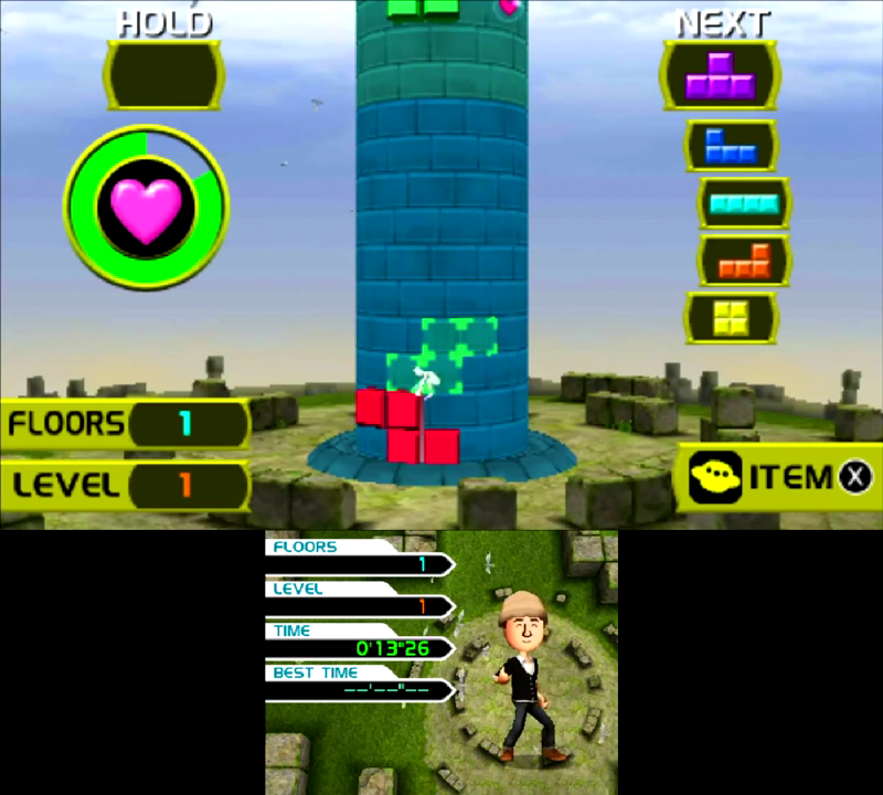 Tetris: Axis screenshot: stylized 3d, fixed camera, no outlines, soft gradient (environment, character)