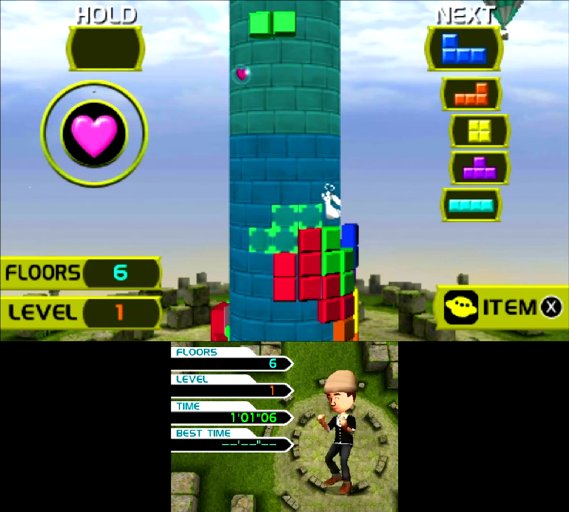 Tetris: Axis screenshot: stylized 3d, fixed camera, no outlines, soft gradient (environment, character, ui / menu)