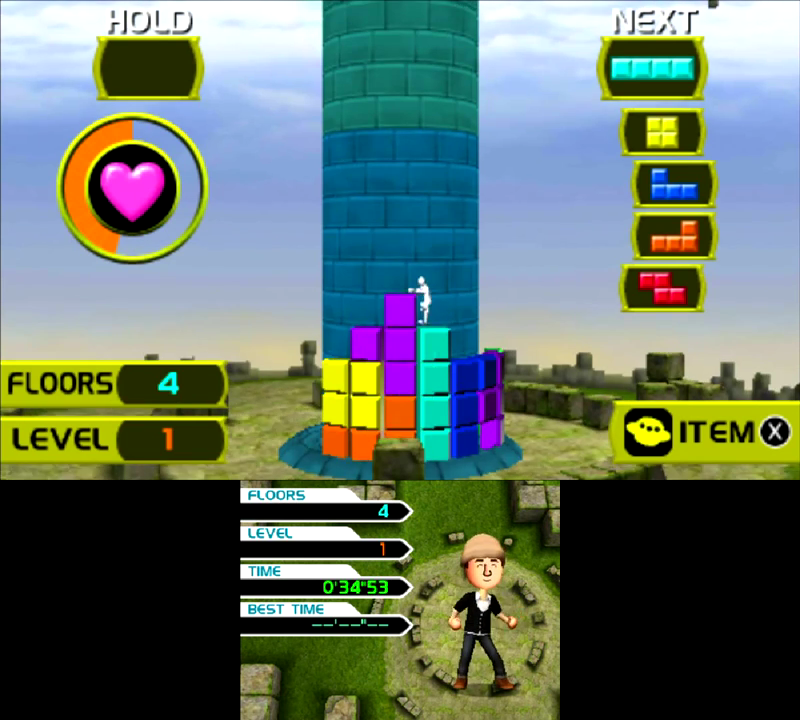 Tetris: Axis screenshot: stylized 3d, fixed camera, no outlines, soft gradient (environment, character, ui / menu)