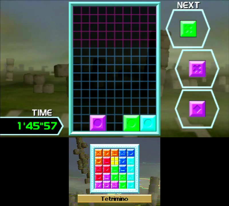 Tetris: Axis screenshot: stylized 3d, fixed camera, no outlines, soft gradient (environment, ui / menu)