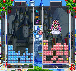 Tetris Battle Gaiden screenshot: pixel art, fixed camera, black outlines (ui / menu, environment, character)