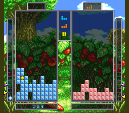 Tetris Battle Gaiden screenshot: pixel art, fixed camera, black outlines (environment, combat)