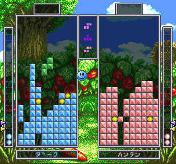 Tetris Battle Gaiden screenshot: pixel art, fixed camera, black outlines (environment, combat)