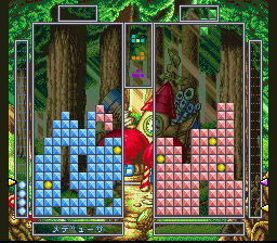 Tetris Battle Gaiden screenshot: pixel art, fixed camera, black outlines (environment, combat)