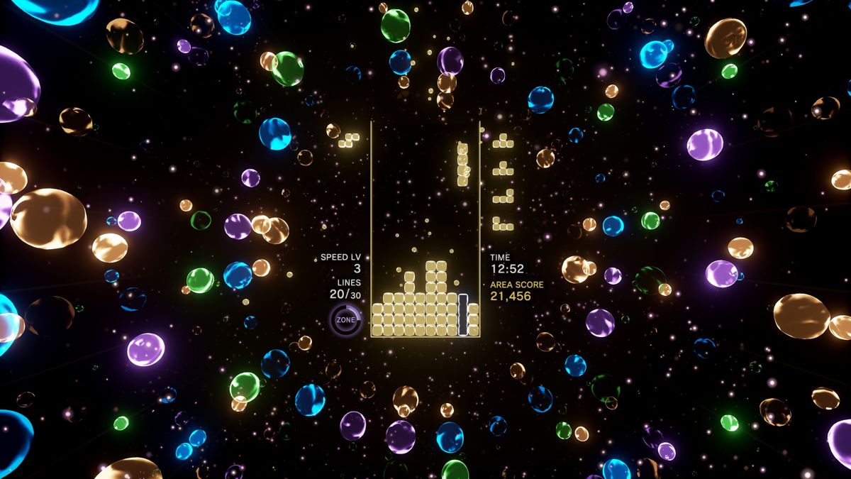 Tetris Effect screenshot: stylized 3d, fixed camera, no outlines, soft gradient (environment, ui / menu)