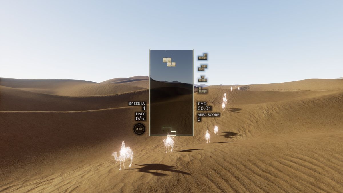 Tetris Effect screenshot: stylized 3d, fixed camera, no outlines, soft gradient (environment, ui / menu)