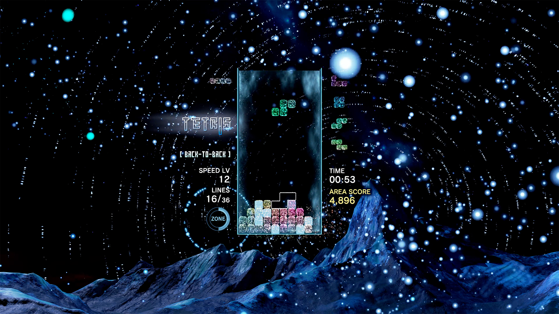 Tetris Effect screenshot: stylized 3d, fixed camera, no outlines, soft gradient (environment, ui / menu)