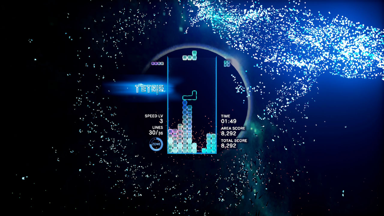 Tetris Effect screenshot: stylized 3d, fixed camera, no outlines, soft gradient (environment, ui / menu)