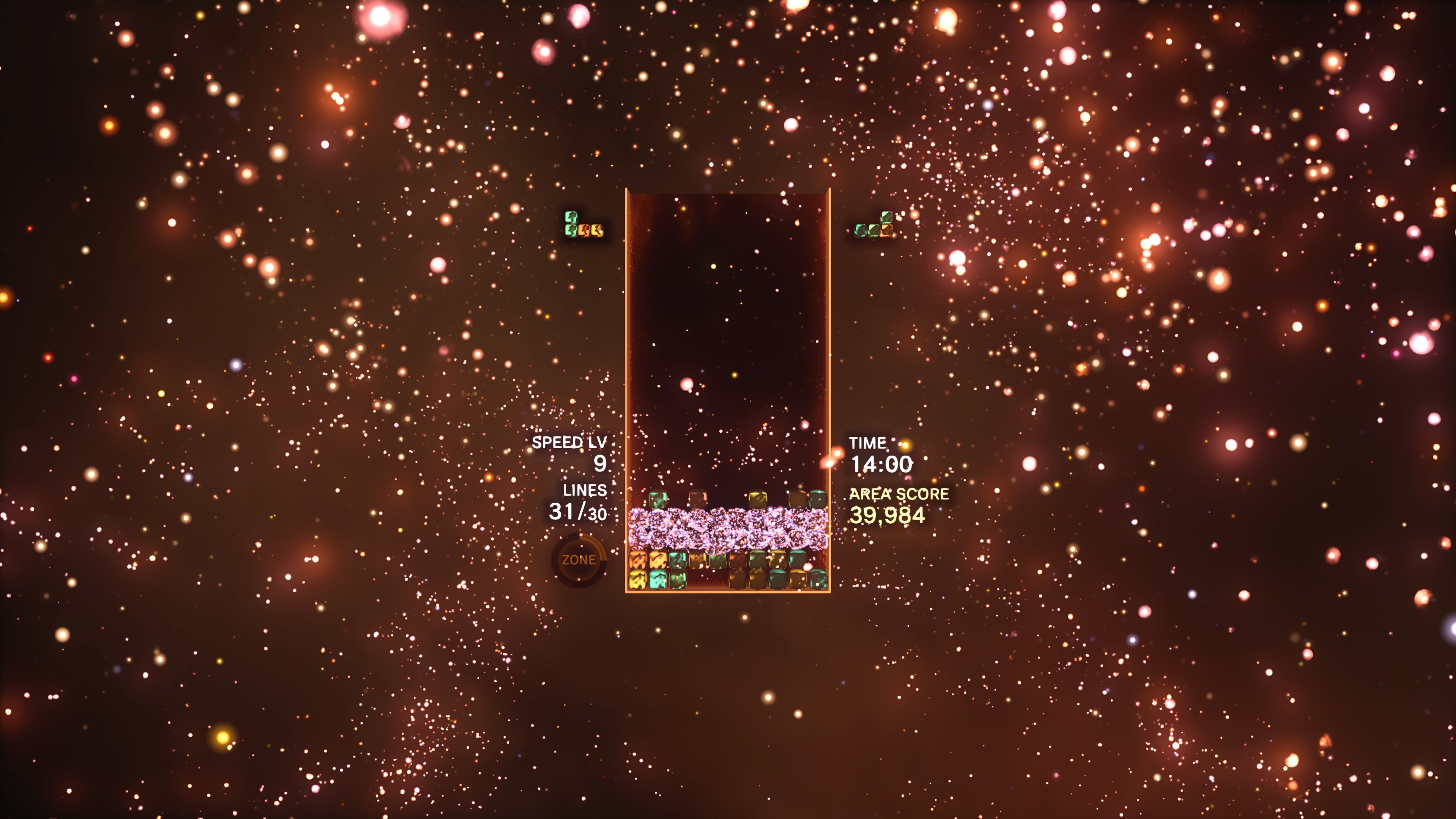 Tetris Effect screenshot: stylized 3d, fixed camera, no outlines, soft gradient (environment, ui / menu)
