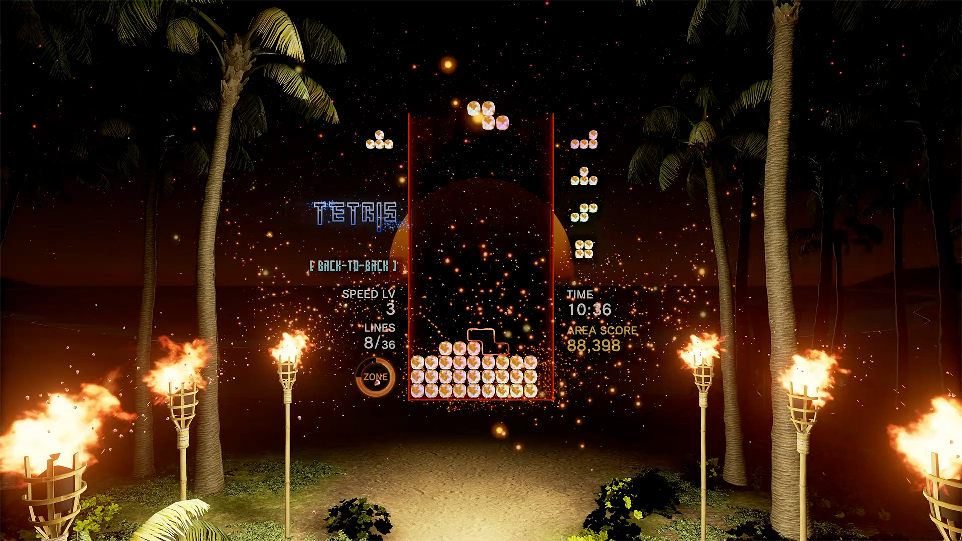 Tetris Effect screenshot: stylized 3d, fixed camera, no outlines, soft gradient (environment, ui / menu)