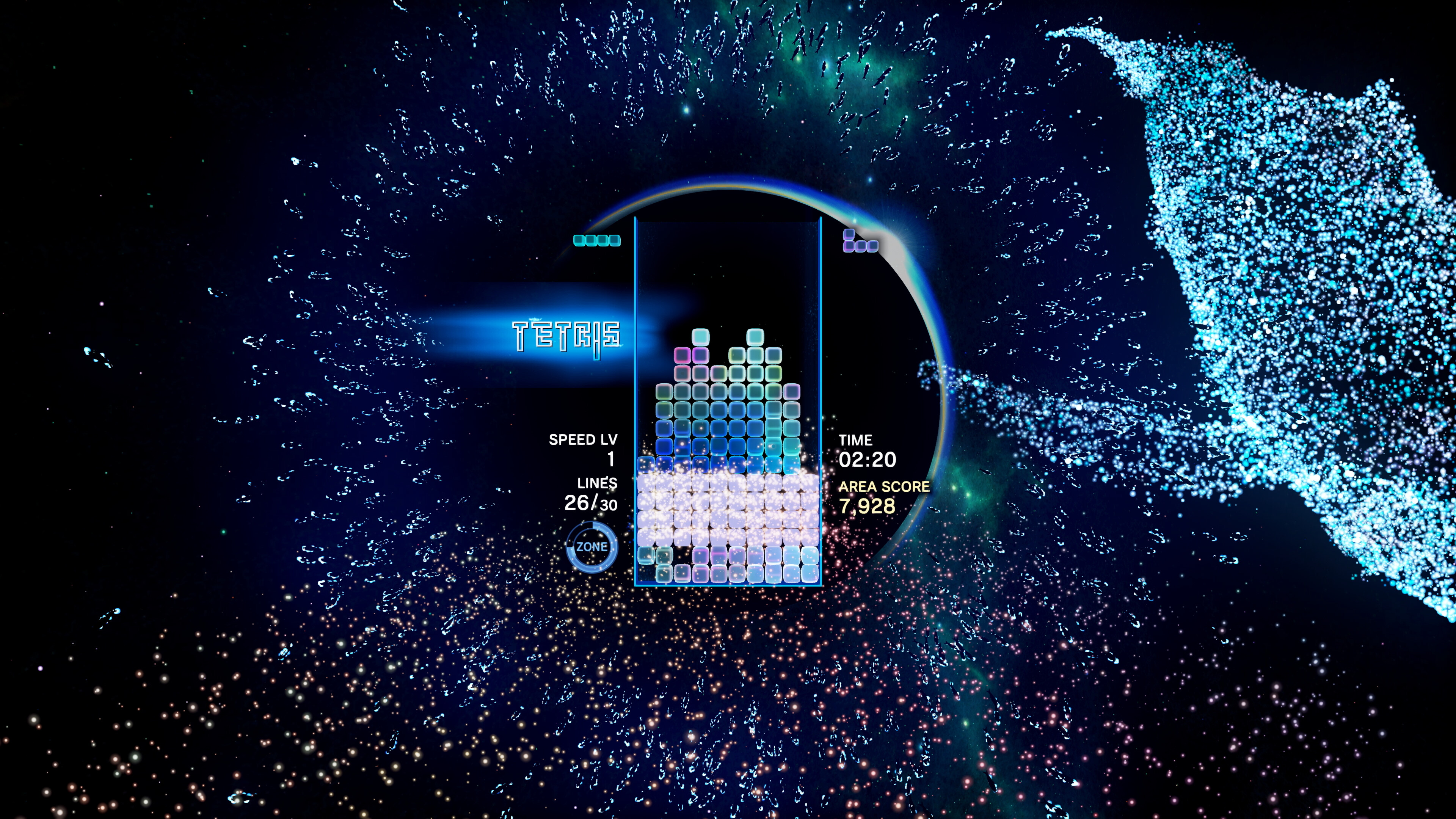 Tetris Effect screenshot: stylized 3d, fixed camera, no outlines, soft gradient (environment, ui / menu)