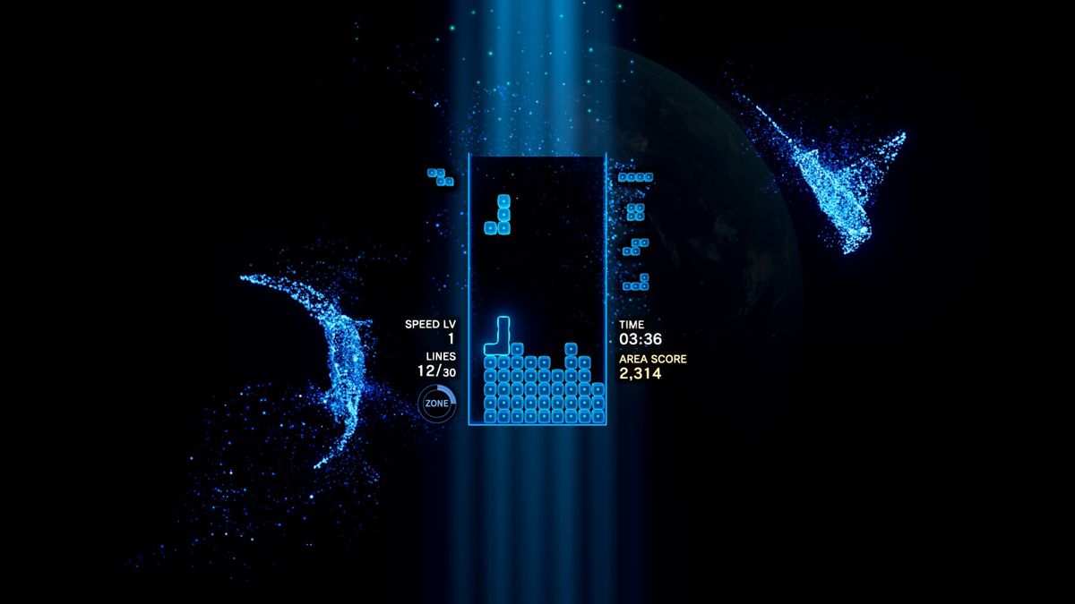 Tetris Effect screenshot: stylized 3d, fixed camera, no outlines, soft gradient (environment, ui / menu)