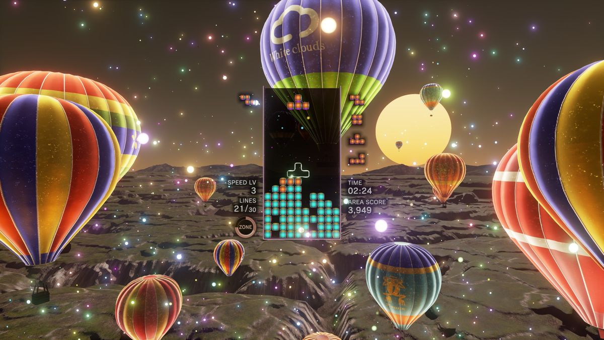 Tetris Effect screenshot: stylized 3d, fixed camera, no outlines, soft gradient (environment, ui / menu)