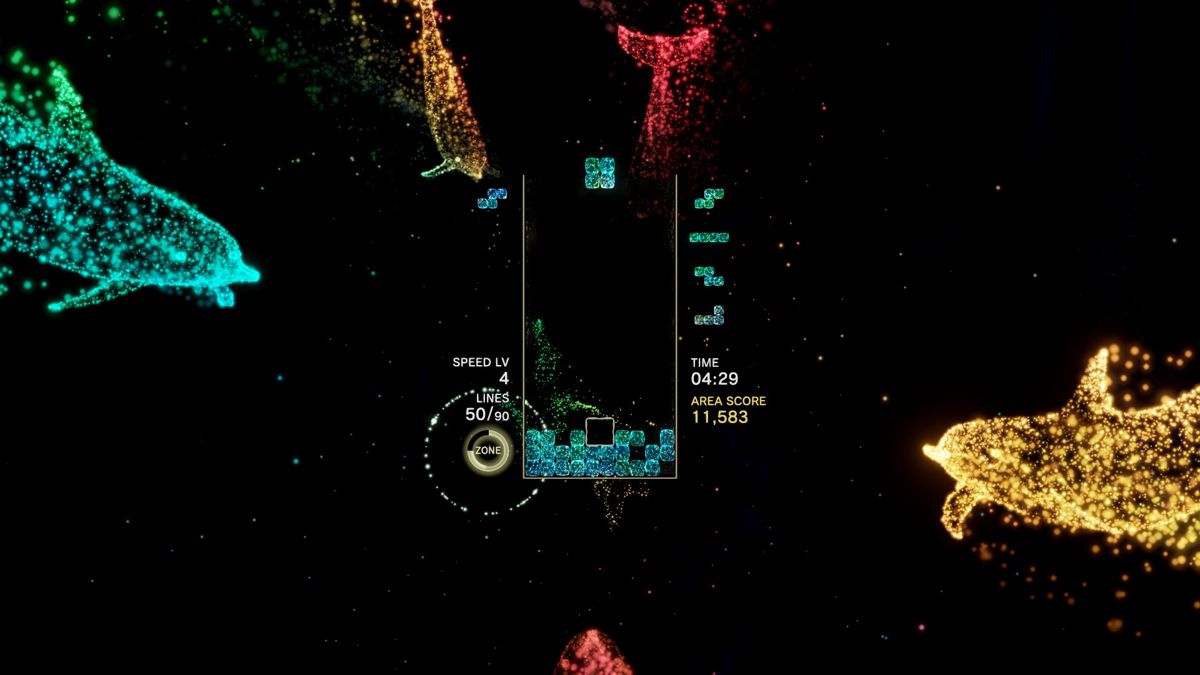 Tetris Effect screenshot: stylized 3d, fixed camera, no outlines, soft gradient (environment, ui / menu)