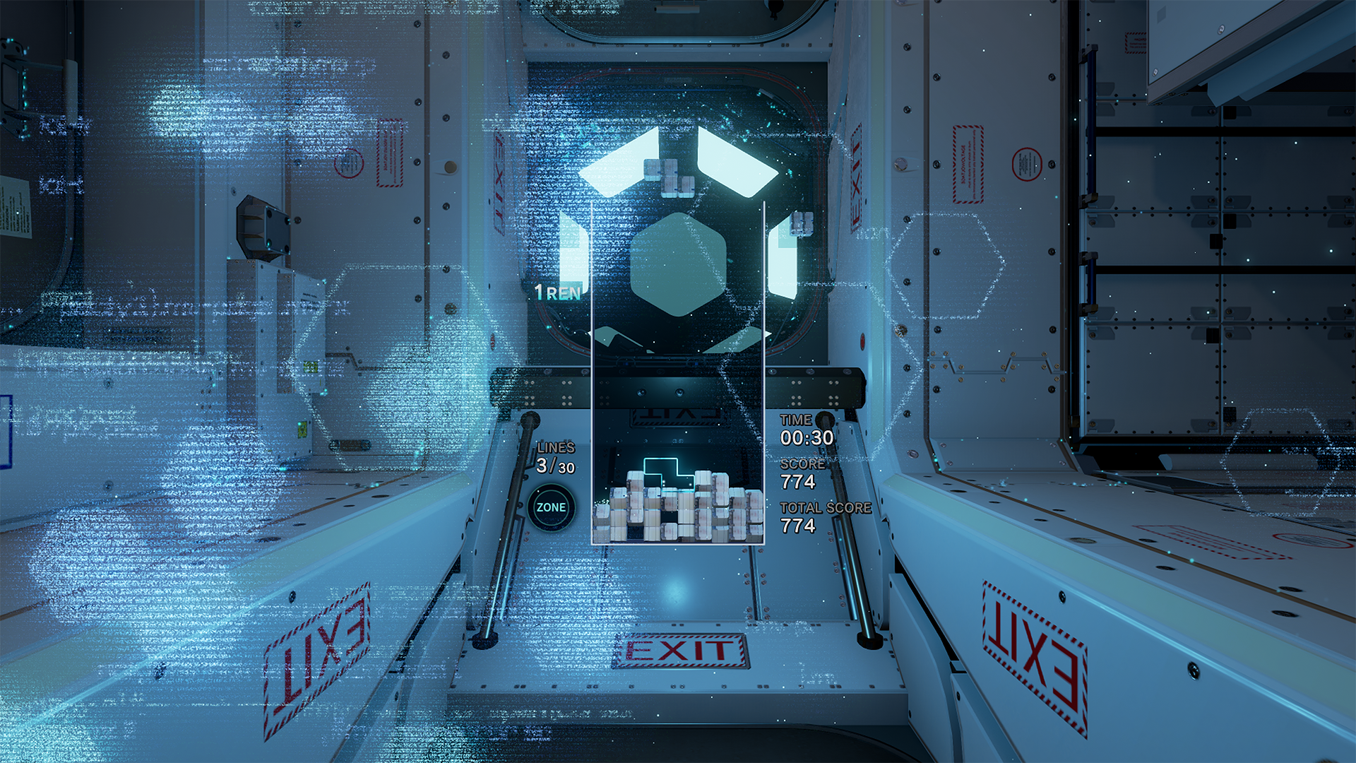 Tetris Effect screenshot: stylized 3d, fixed camera, no outlines, soft gradient (environment, ui / menu)