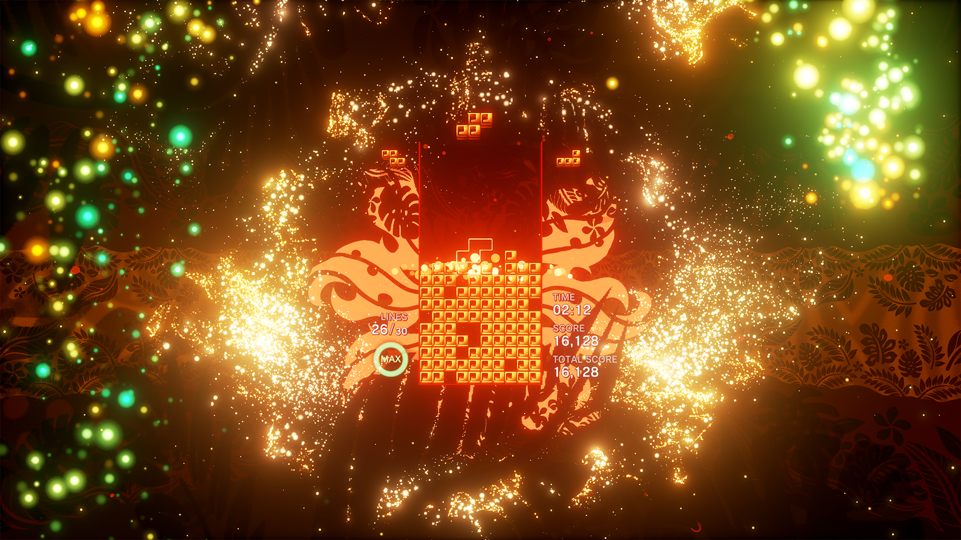 Tetris Effect screenshot: stylized 3d, fixed camera, no outlines, soft gradient (environment, ui / menu)