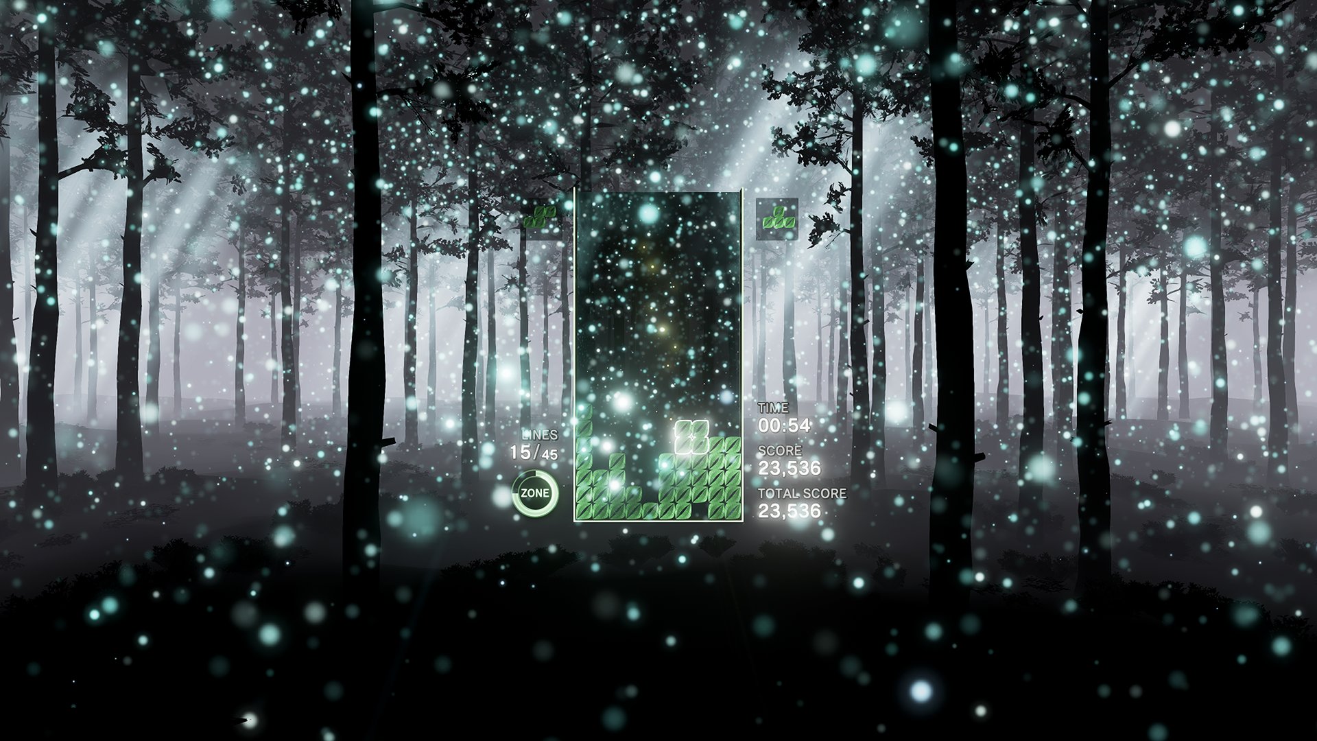 Tetris Effect screenshot: stylized 3d, fixed camera, no outlines, soft gradient (environment, ui / menu)