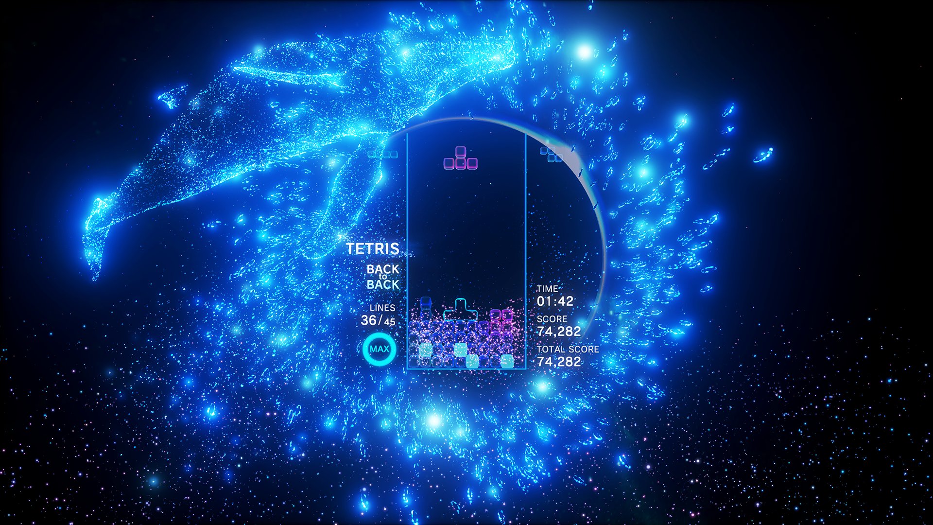 Tetris Effect screenshot: stylized 3d, fixed camera, no outlines, soft gradient (environment, ui / menu)