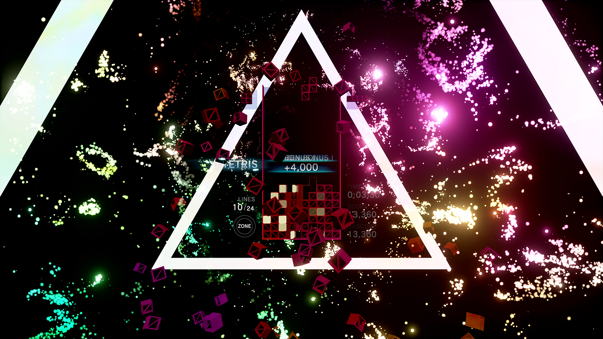 Tetris Effect screenshot: stylized 3d, fixed camera, no outlines, soft gradient (environment, ui / menu)