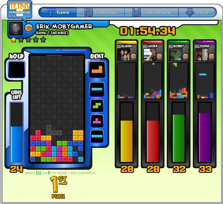 Tetris Friends screenshot: vector / flat, fixed camera, black outlines, flat / unlit (ui / menu)