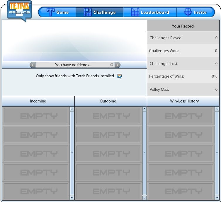 Tetris Friends screenshot: vector / flat, fixed camera, black outlines, flat / unlit (ui / menu)