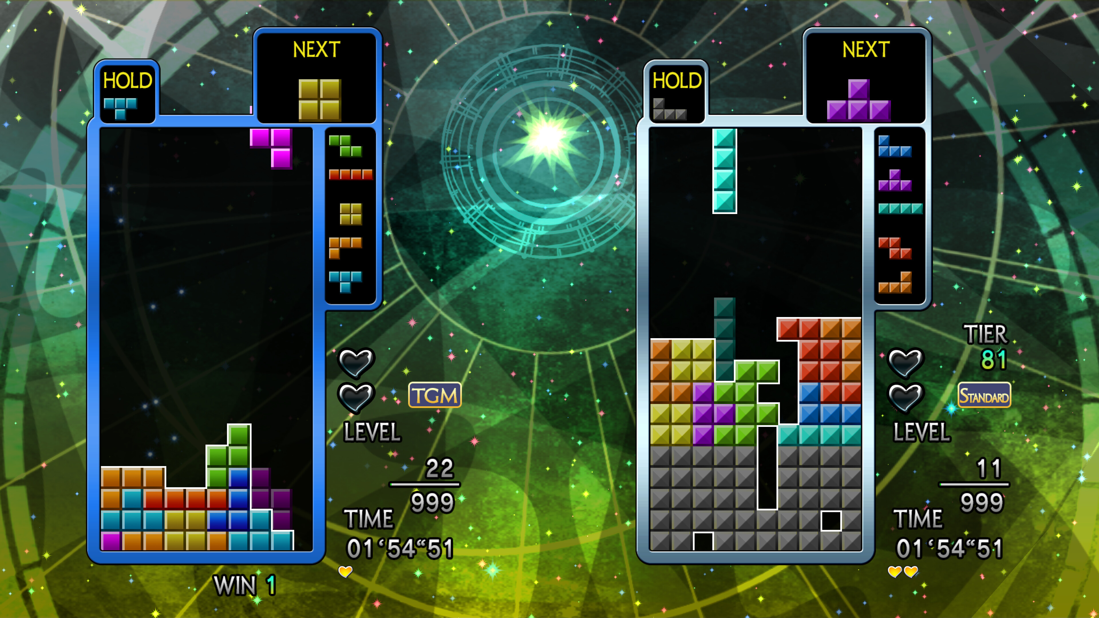 Tetris The Grand Master 4 -Absolute Eye- screenshot: vector / flat, hand-drawn, fixed camera, flat / unlit (ui / menu)