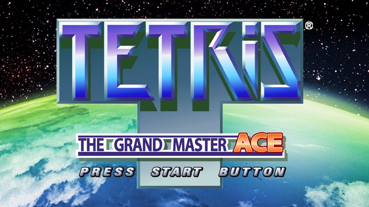 Tetris: The Grand Master ACE screenshot: vector / flat, fixed camera, no outlines, soft gradient (ui / menu)