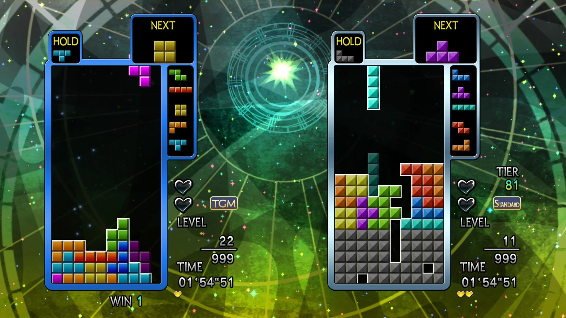 Tetris: The Grand Master ACE screenshot: vector / flat, fixed camera, no outlines, soft gradient (ui / menu)