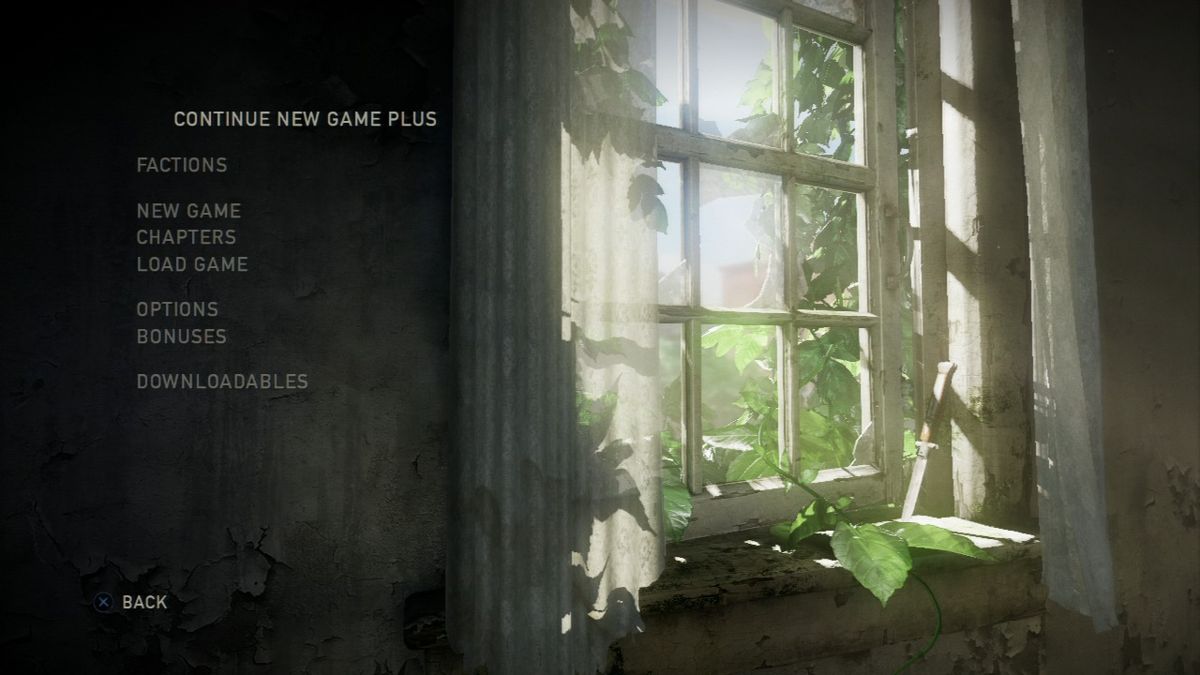 The Last of Us screenshot: realistic, third-person, no outlines, realistic lighting (ui / menu)