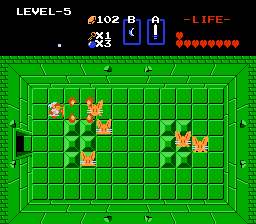 The Legend of Zelda screenshot: pixel art, three-quarter, black outlines, flat / unlit (environment, combat)