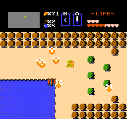 The Legend of Zelda screenshot: pixel art, three-quarter, black outlines, flat / unlit (environment, combat)